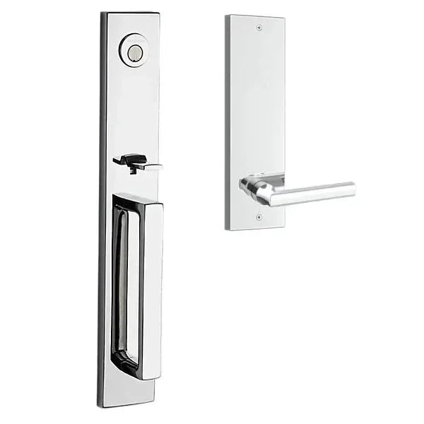 The Baldwin Reserve Santa Cruz Handleset with Interior Tube Lever with Contemporary Square Escutcheon in Polished Chrome finish.