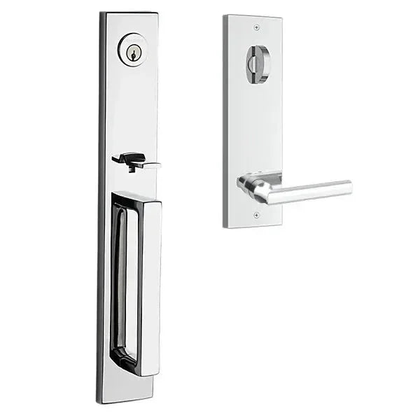 The Baldwin Reserve Santa Cruz Handleset with Interior Tube Lever with Contemporary Square Escutcheon in Polished Chrome finish.