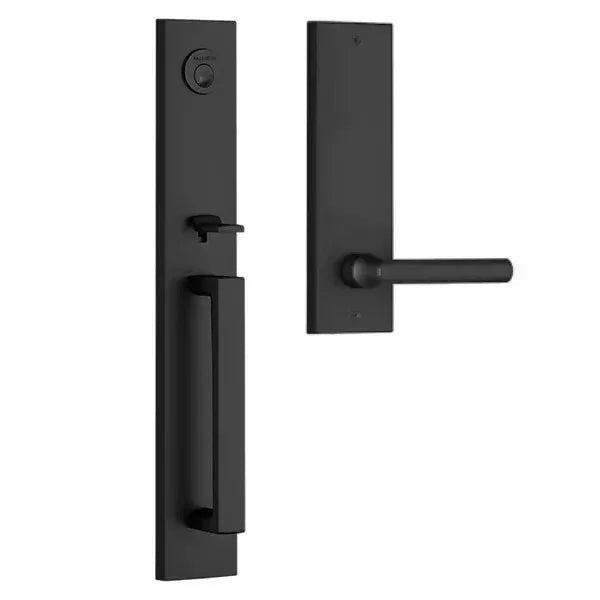 The Baldwin Reserve Santa Cruz Handleset with Interior Tube Lever with Contemporary Square Escutcheon in Satin Black finish.