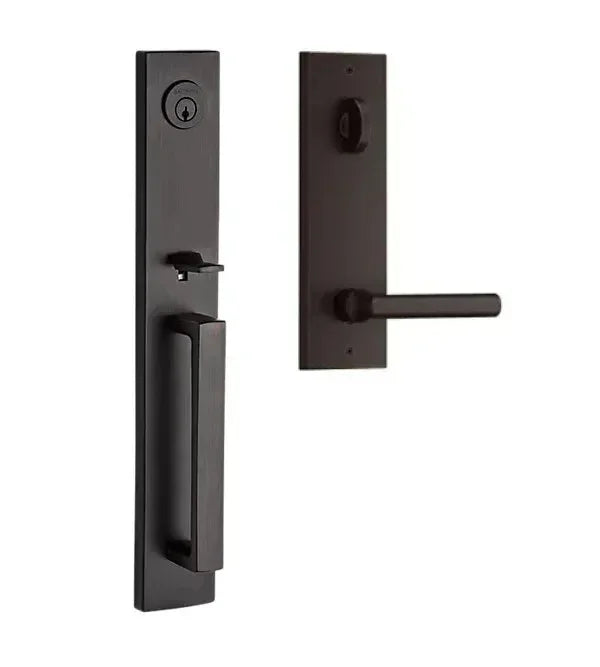 The Baldwin Reserve Santa Cruz Handleset with Interior Tube Lever with Contemporary Square Escutcheon in Venetian Bronze finish.