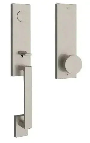 Baldwin Seattle Handleset with Interior Contemporary Knob and Contemporary Square Escutcheon in Lifetime Satin Nickel finish