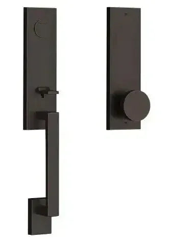 Baldwin Seattle Handleset with Interior Contemporary Knob and Contemporary Square Escutcheon in Venetian Bronze finish