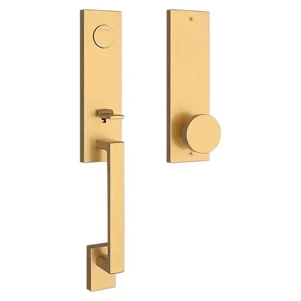 The Baldwin Reserve Seattle Handleset with Interior Contemporary Knob with Contemporary Square Escutcheon in Lifetime Satin Brass finish.