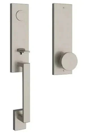 The Baldwin Reserve Seattle Handleset with Interior Contemporary Knob with Contemporary Square Escutcheon in Lifetime Satin Nickel finish.
