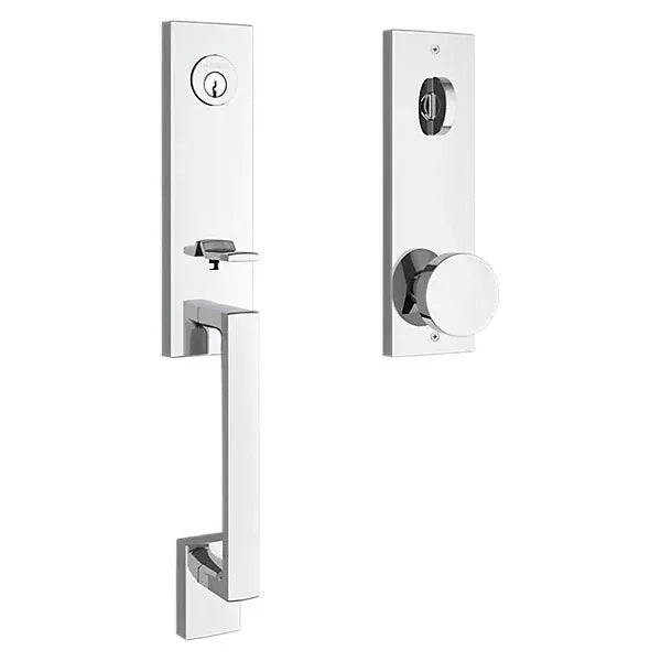 The Baldwin Reserve Seattle Handleset with Interior Contemporary Knob with Contemporary Square Escutcheon in Polished Chrome finish.