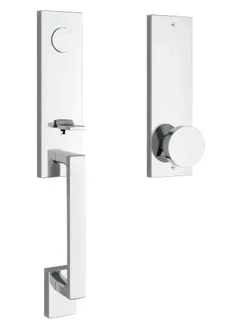 The Baldwin Reserve Seattle Handleset with Interior Contemporary Knob with Contemporary Square Escutcheon in Polished Chrome finish.