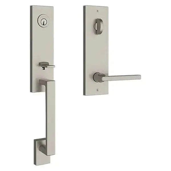 Baldwin Seattle Handleset with Interior Square Lever and Contemporary Square Escutcheon in Lifetime Satin Nickel finish