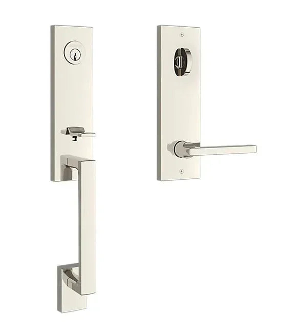 The Baldwin Reserve Seattle Handleset with Interior Square Lever with Contemporary Square Escutcheon in Lifetime Polished Nickel finish.