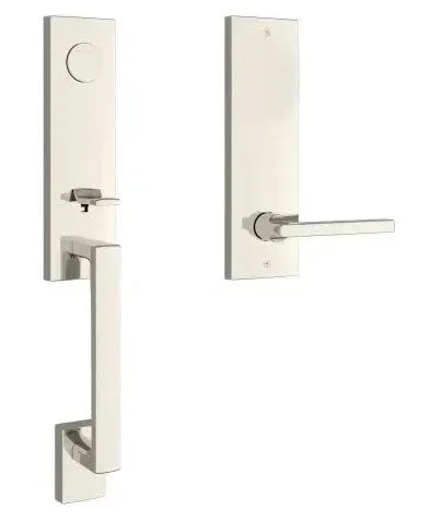 The Baldwin Reserve Seattle Handleset with Interior Square Lever with Contemporary Square Escutcheon in Lifetime Polished Nickel finish.
