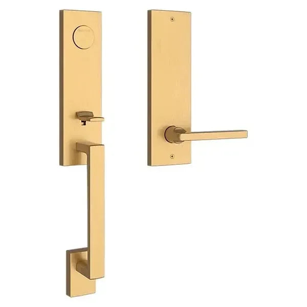 The Baldwin Reserve Seattle Handleset with Interior Square Lever with Contemporary Square Escutcheon in Lifetime Satin Brass finish.