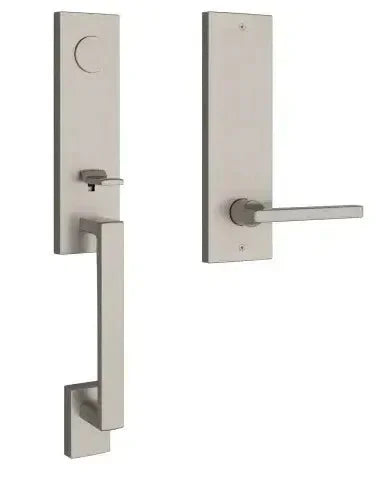 The Baldwin Reserve Seattle Handleset with Interior Square Lever with Contemporary Square Escutcheon in Lifetime Satin Nickel finish.