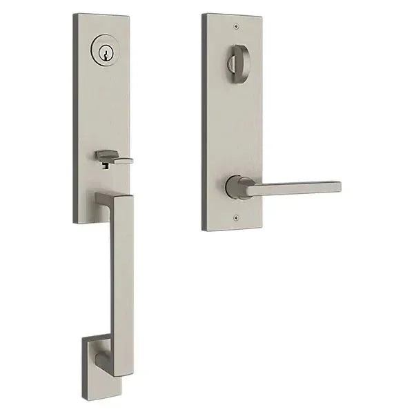 The Baldwin Reserve Seattle Handleset with Interior Square Lever with Contemporary Square Escutcheon in Lifetime Satin Nickel finish.