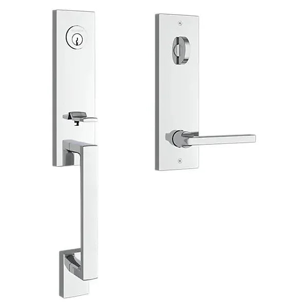 The Baldwin Reserve Seattle Handleset with Interior Square Lever with Contemporary Square Escutcheon in Polished Chrome finish.