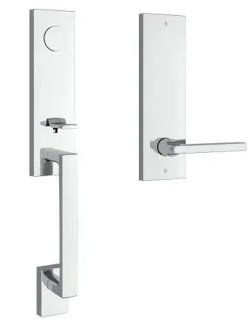 The Baldwin Reserve Seattle Handleset with Interior Square Lever with Contemporary Square Escutcheon in Polished Chrome finish.