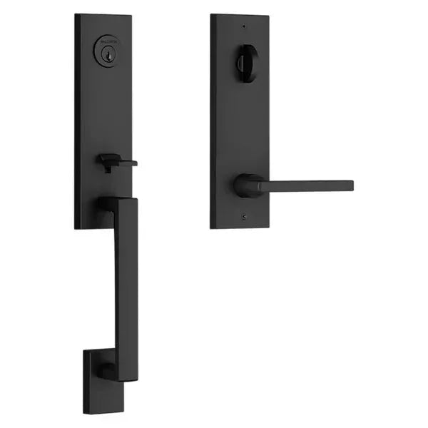 The Baldwin Reserve Seattle Handleset with Interior Square Lever with Contemporary Square Escutcheon in Satin Black finish.