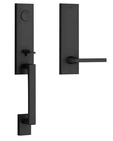 The Baldwin Reserve Seattle Handleset with Interior Square Lever with Contemporary Square Escutcheon in Satin Black finish.