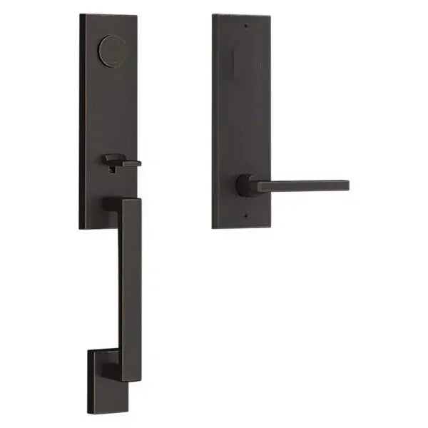 The Baldwin Reserve Seattle Handleset with Interior Square Lever with Contemporary Square Escutcheon in Venetian Bronze finish.