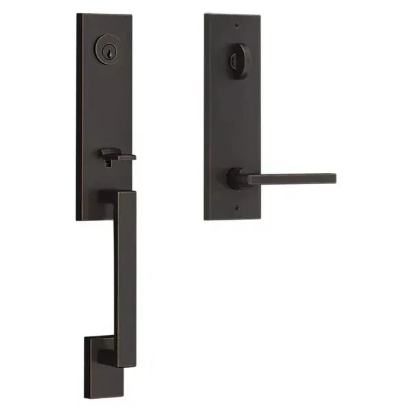 The Baldwin Reserve Seattle Handleset with Interior Square Lever with Contemporary Square Escutcheon in Venetian Bronze finish.