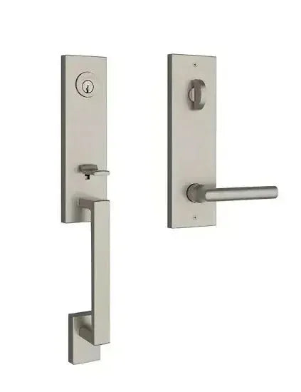 Baldwin Seattle Handleset with Interior Tube Lever and Contemporary Square Escutcheon in Lifetime Satin Nickel finish
