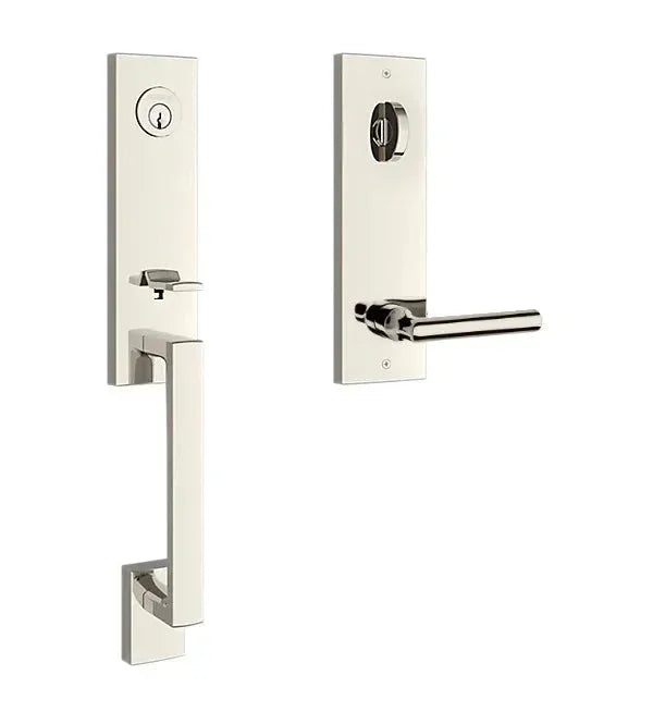The Baldwin Reserve Seattle Handleset with Interior Tube Lever with Contemporary Square Escutcheon in Lifetime Polished Nickel finish.