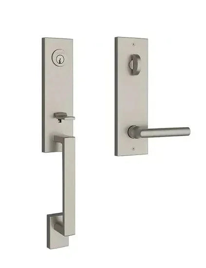 The Baldwin Reserve Seattle Handleset with Interior Tube Lever with Contemporary Square Escutcheon in Lifetime Satin Nickel finish.