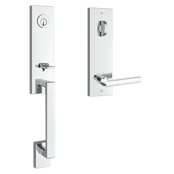 The Baldwin Reserve Seattle Handleset with Interior Tube Lever with Contemporary Square Escutcheon in Polished Chrome finish.