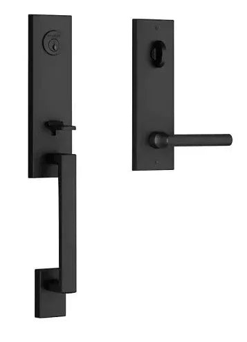 The Baldwin Reserve Seattle Handleset with Interior Tube Lever with Contemporary Square Escutcheon in Satin Black finish.