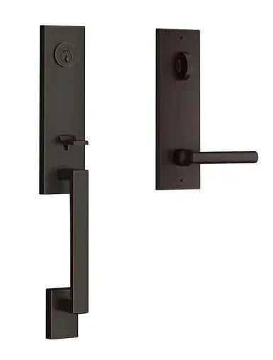 The Baldwin Reserve Seattle Handleset with Interior Tube Lever with Contemporary Square Escutcheon in Venetian Bronze finish.