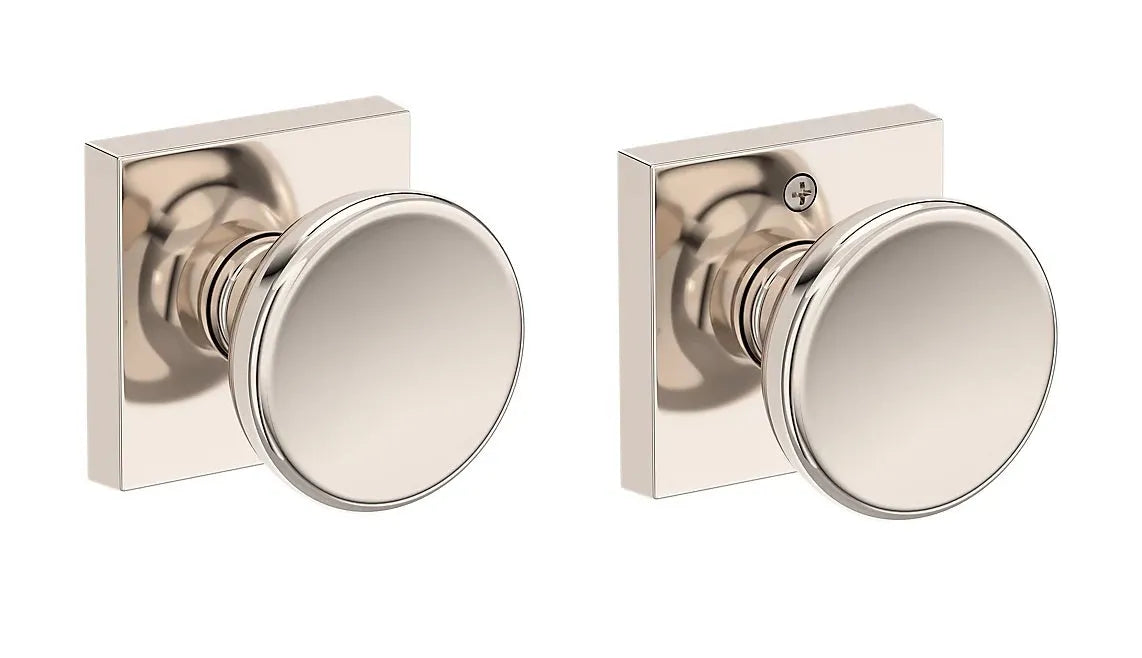 Baldwin Solvang Knob with Contemporary Square Rosette in Lifetime Polished Nickel finish