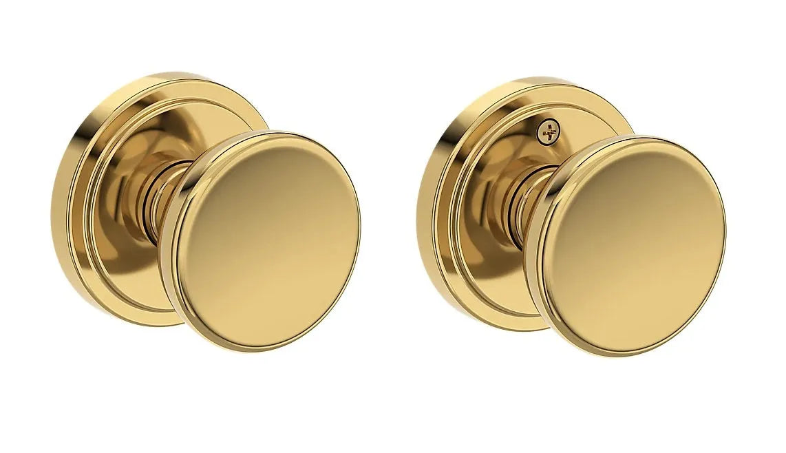 Baldwin Solvang Knob with Stepped Round Rosette in Lifetime Polished Brass finish