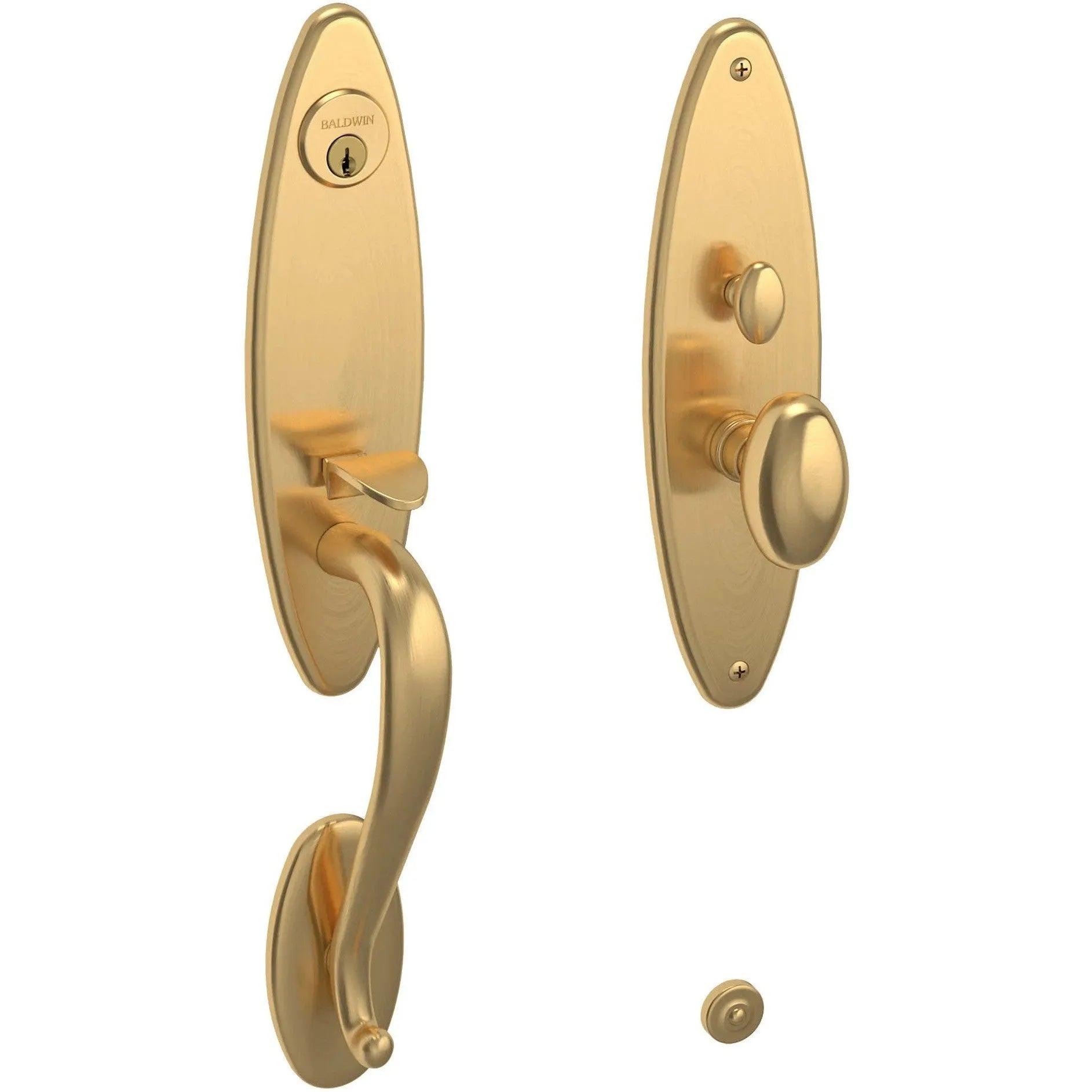 Baldwin Estate Springfield Mortise Handleset Entrance Trim with Interior 5025 Egg Knob in Lifetime Satin Brass finish
