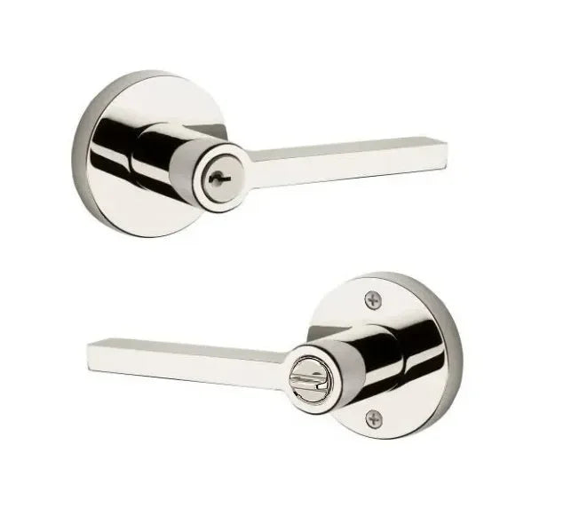 Baldwin Square Lever with Contemporary Round Rosette Lifetime Polished Nickel