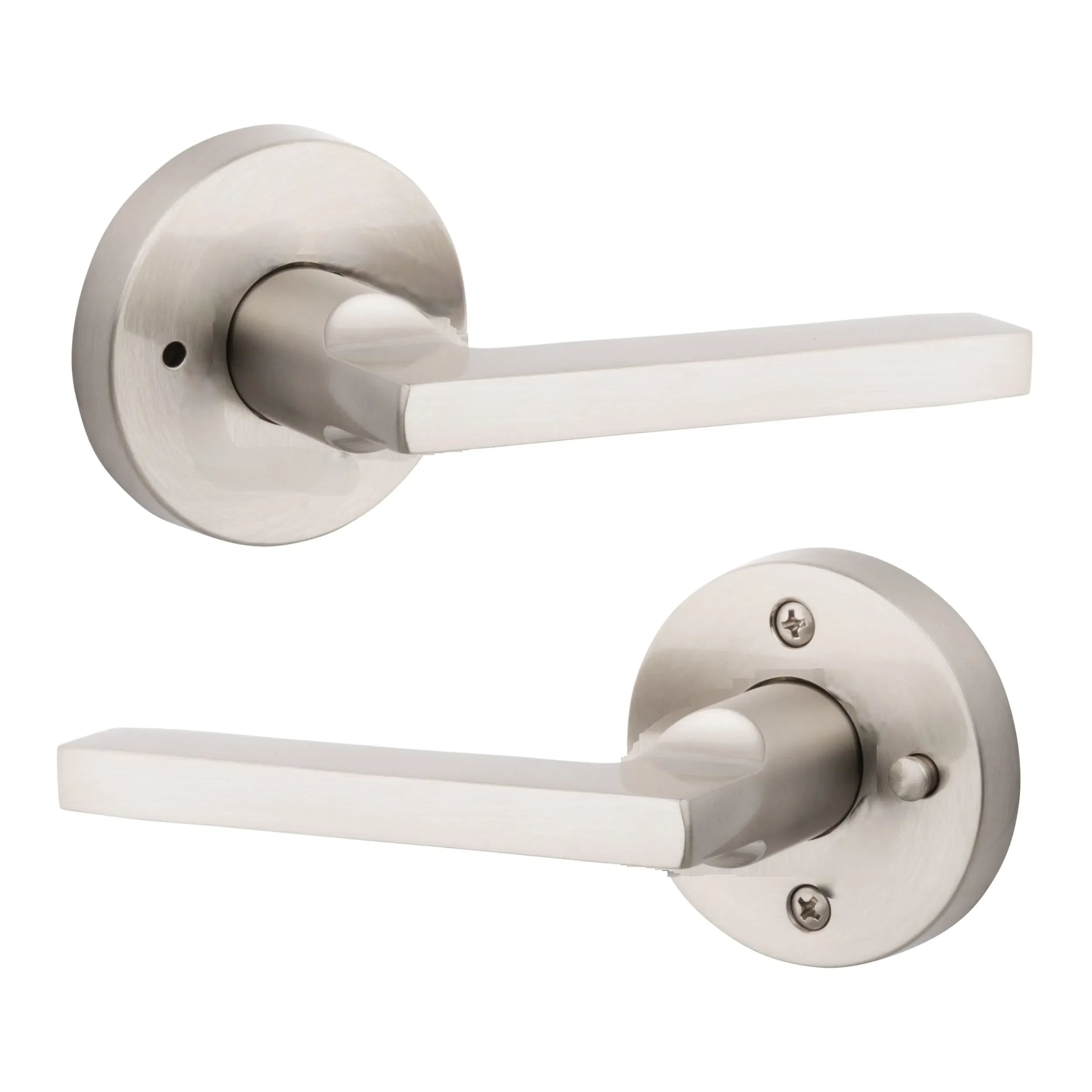 Baldwin Square Lever with Contemporary Round Rosette Lifetime Satin Nickel