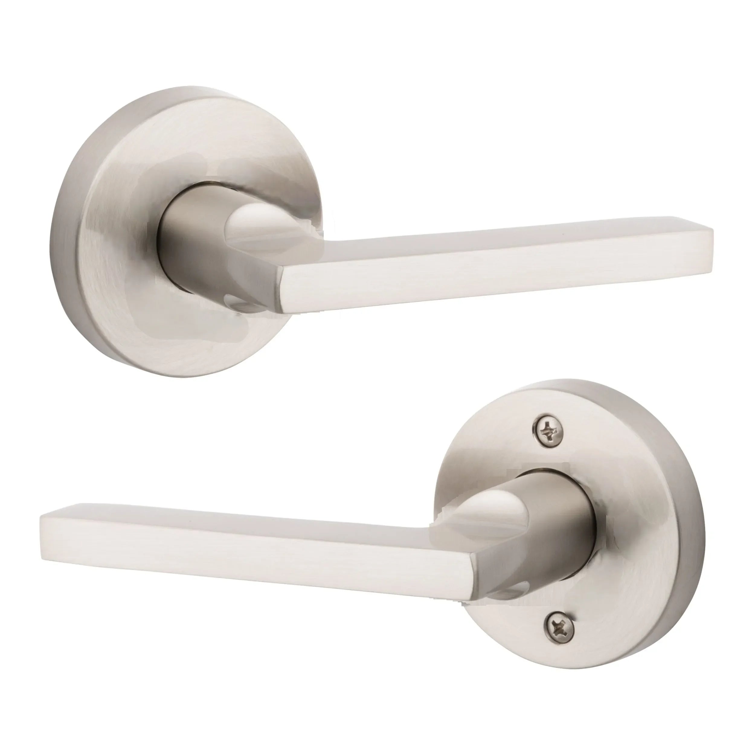 Baldwin Square Lever with Contemporary Round Rosette Lifetime Satin Nickel