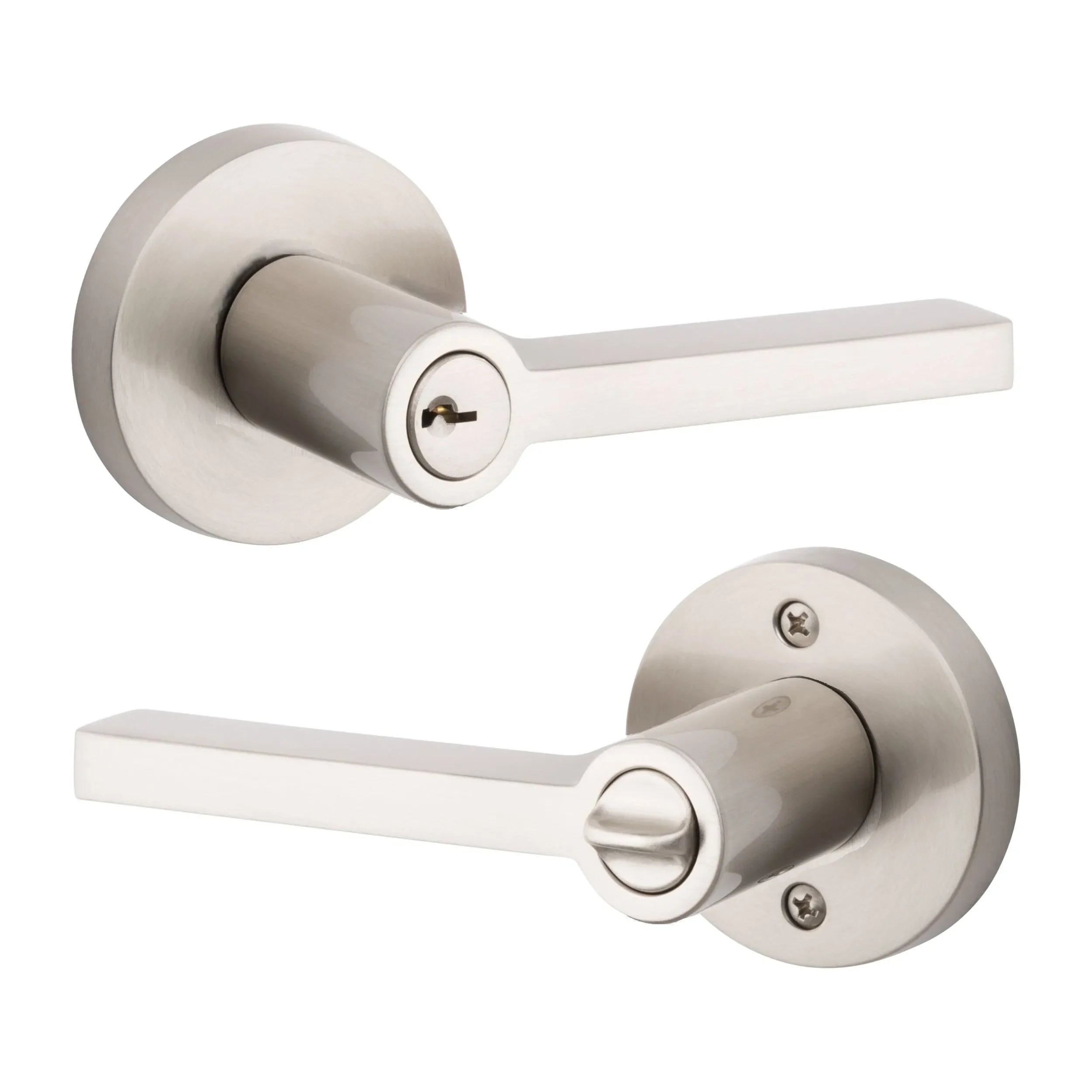 Baldwin Square Lever with Contemporary Round Rosette Lifetime Satin Nickel