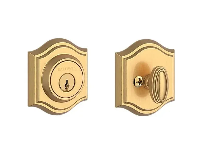 The Baldwin Reserve Traditional Arch Deadbolt in Lifetime Satin Brass finish.
