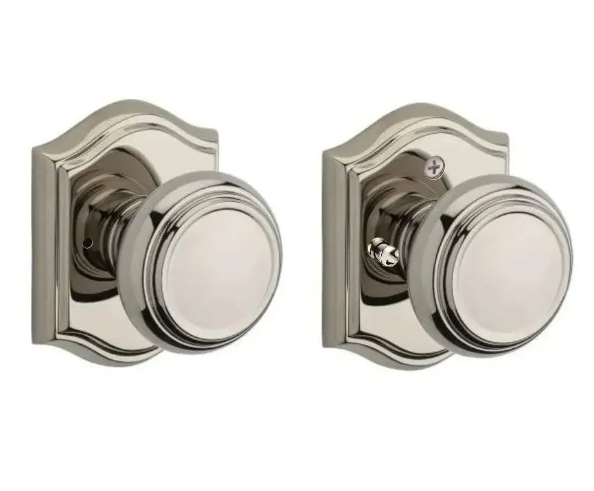 Baldwin Traditional Knob with Traditional Arch Rosette Lifetime Polished Nickel
