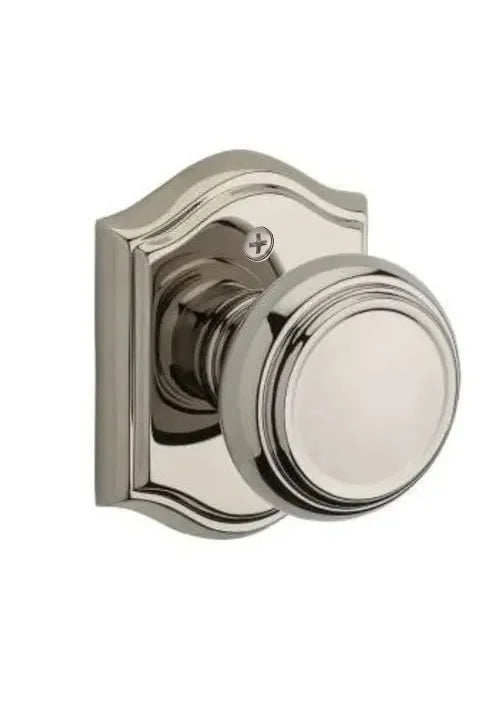 Baldwin Traditional Knob with Traditional Arch Rosette Lifetime Polished Nickel
