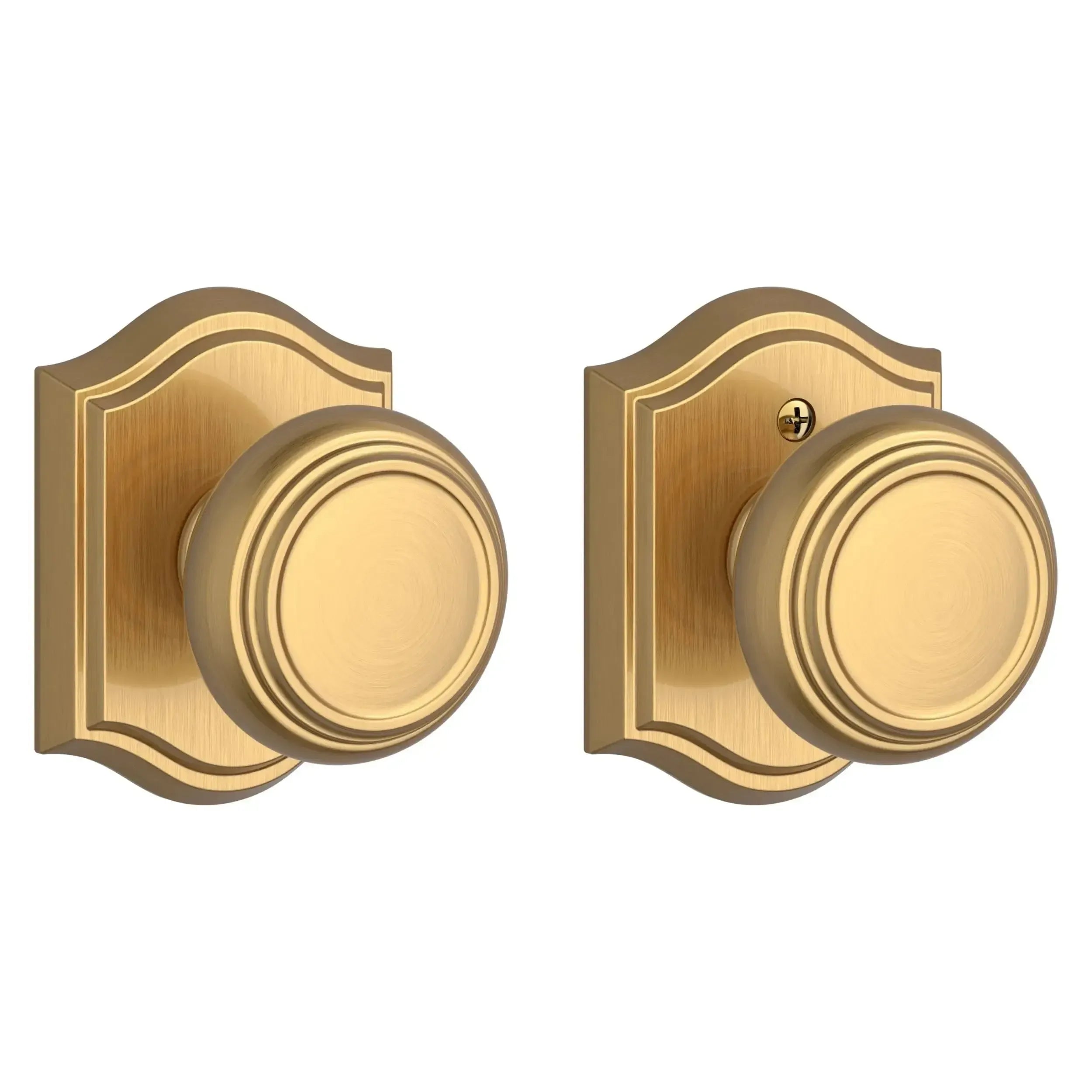 Baldwin Traditional Knob with Traditional Arch Rosette in Lifetime Satin Brass finish