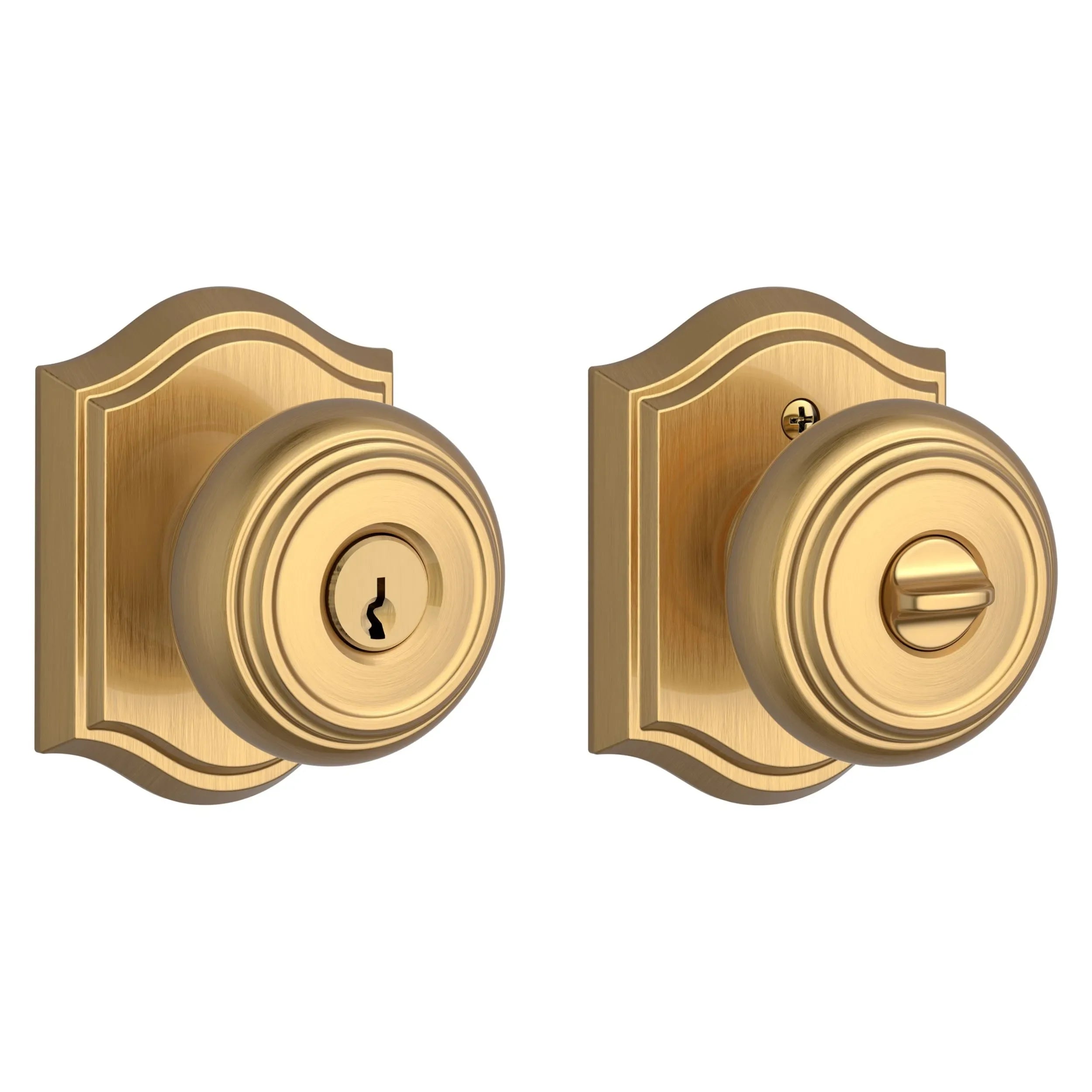 Baldwin Traditional Knob with Traditional Arch Rosette Lifetime Satin Brass