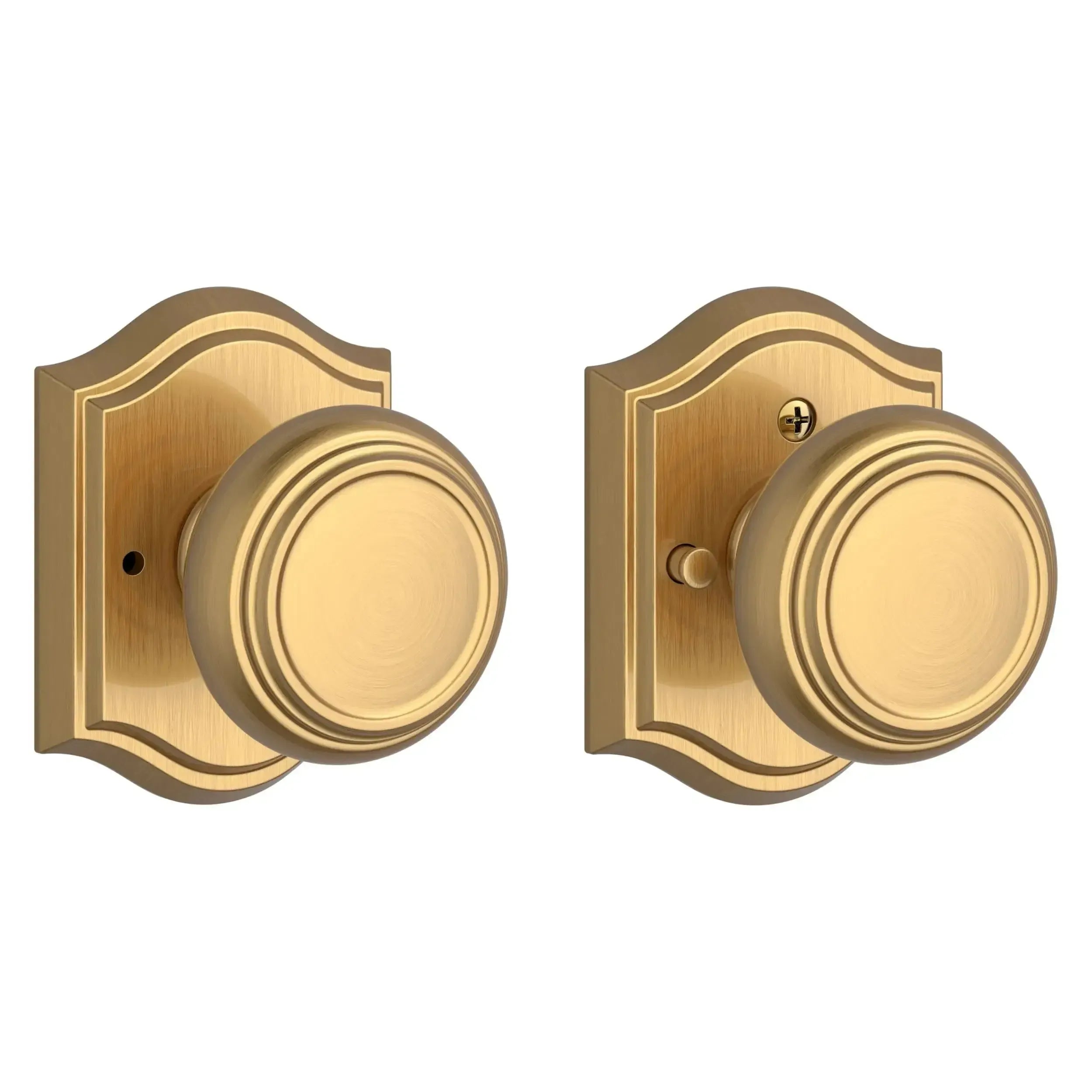 Baldwin Traditional Knob with Traditional Arch Rosette in Lifetime Satin Brass finish