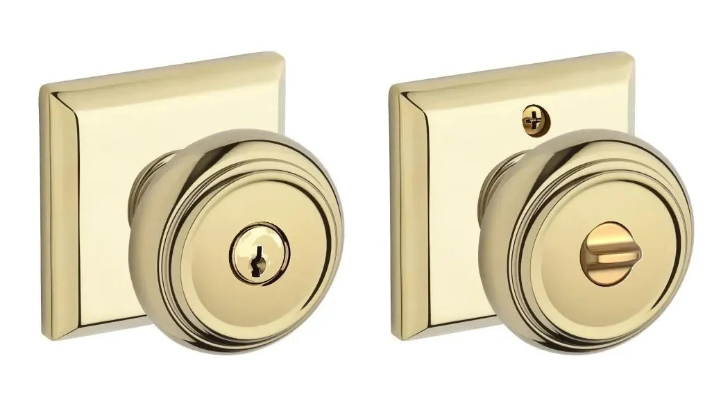 Baldwin Traditional Knob with Traditional Square Rosette Lifetime Polished Brass
