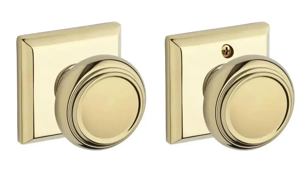 Baldwin Traditional Knob with Traditional Square Rosette in Lifetime Polished Brass finish