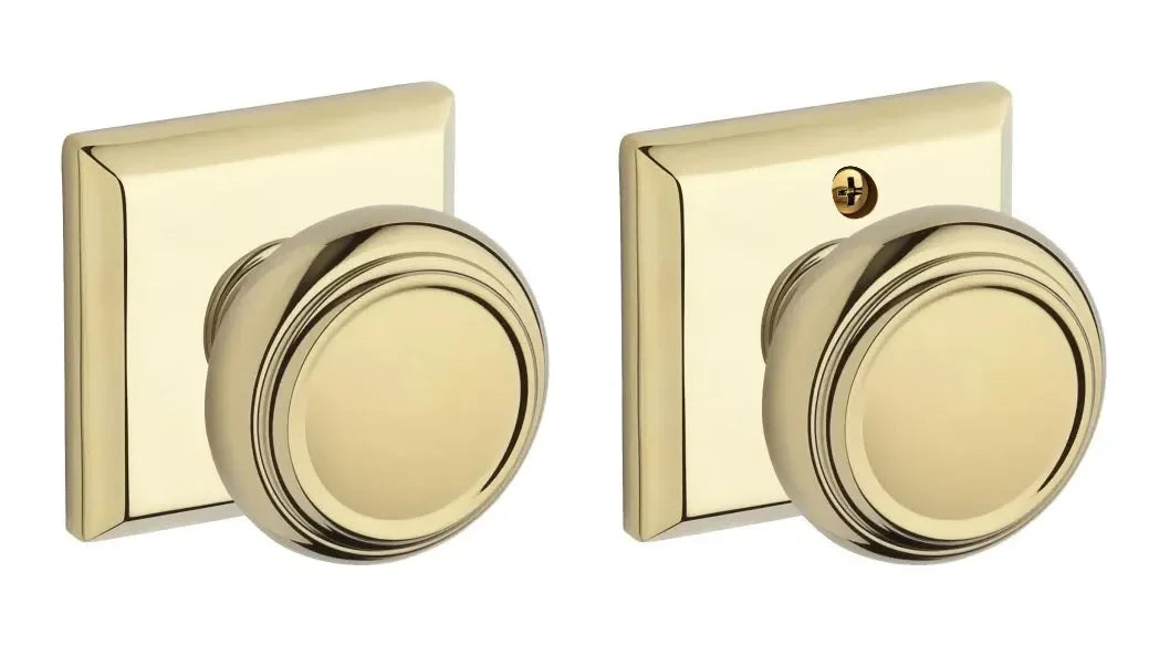Baldwin Traditional Knob with Traditional Square Rosette Lifetime Polished Brass