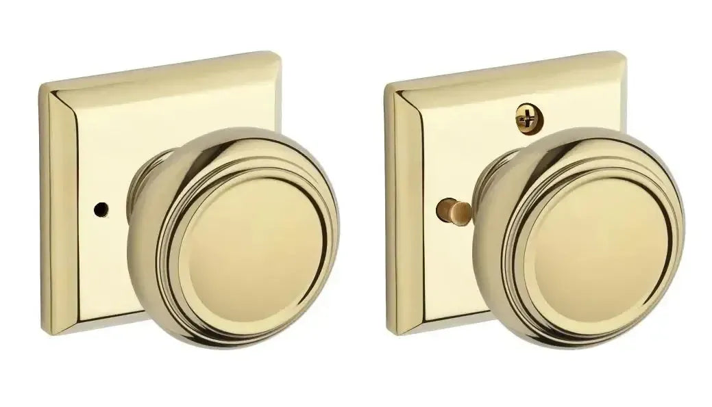 Baldwin Traditional Knob with Traditional Square Rosette in Lifetime Polished Brass finish