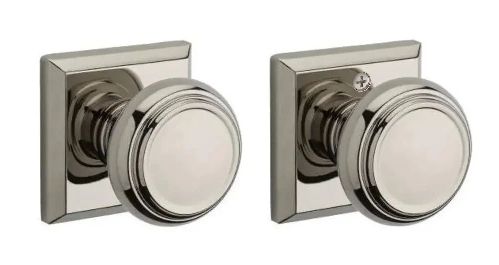 Baldwin Traditional Knob with Traditional Square Rosette Lifetime Polished Nickel