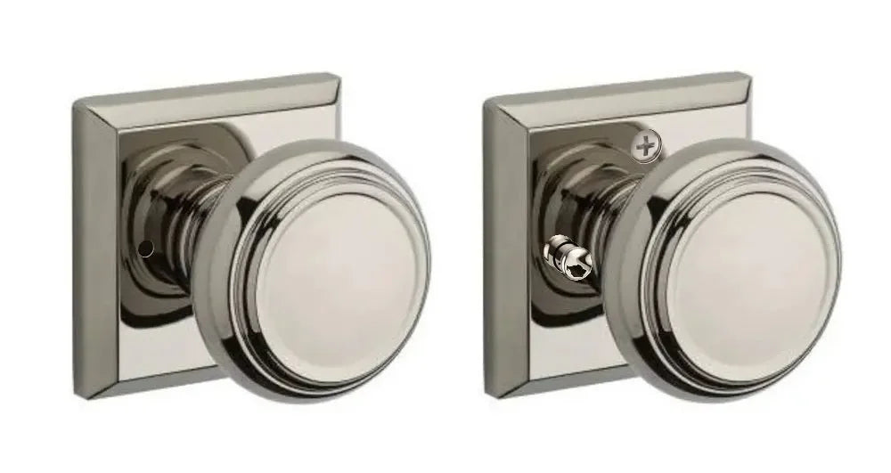 Baldwin Traditional Knob with Traditional Square Rosette Lifetime Polished Nickel