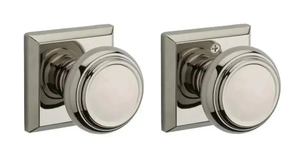 Baldwin Traditional Knob with Traditional Square Rosette in Lifetime Polished Nickel finish
