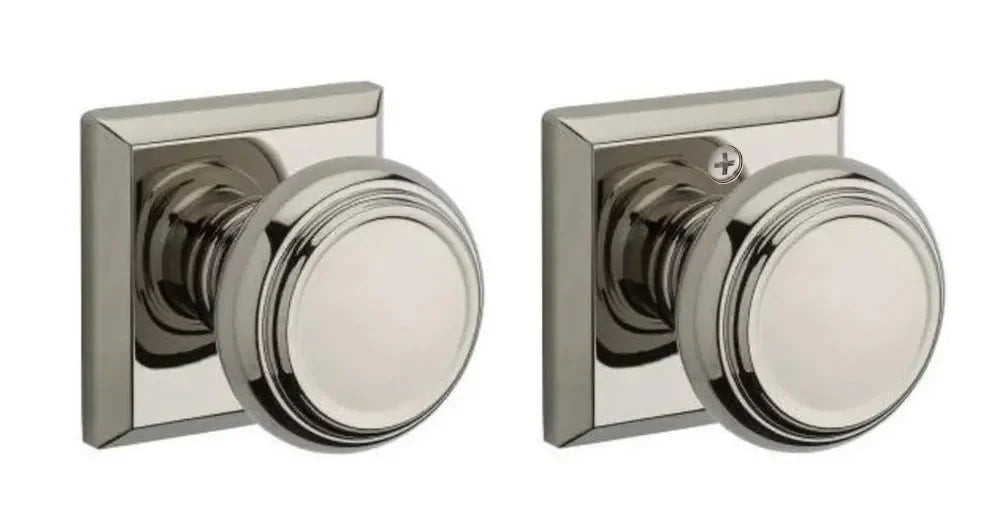 Baldwin Traditional Knob with Traditional Square Rosette Lifetime Polished Nickel