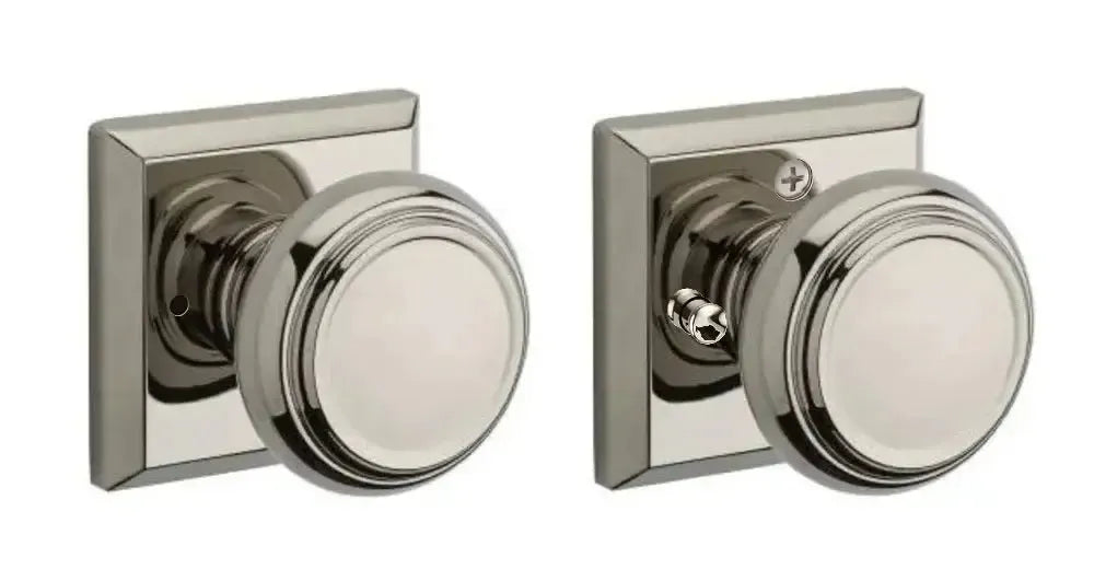Baldwin Traditional Knob with Traditional Square Rosette in Lifetime Polished Nickel finish